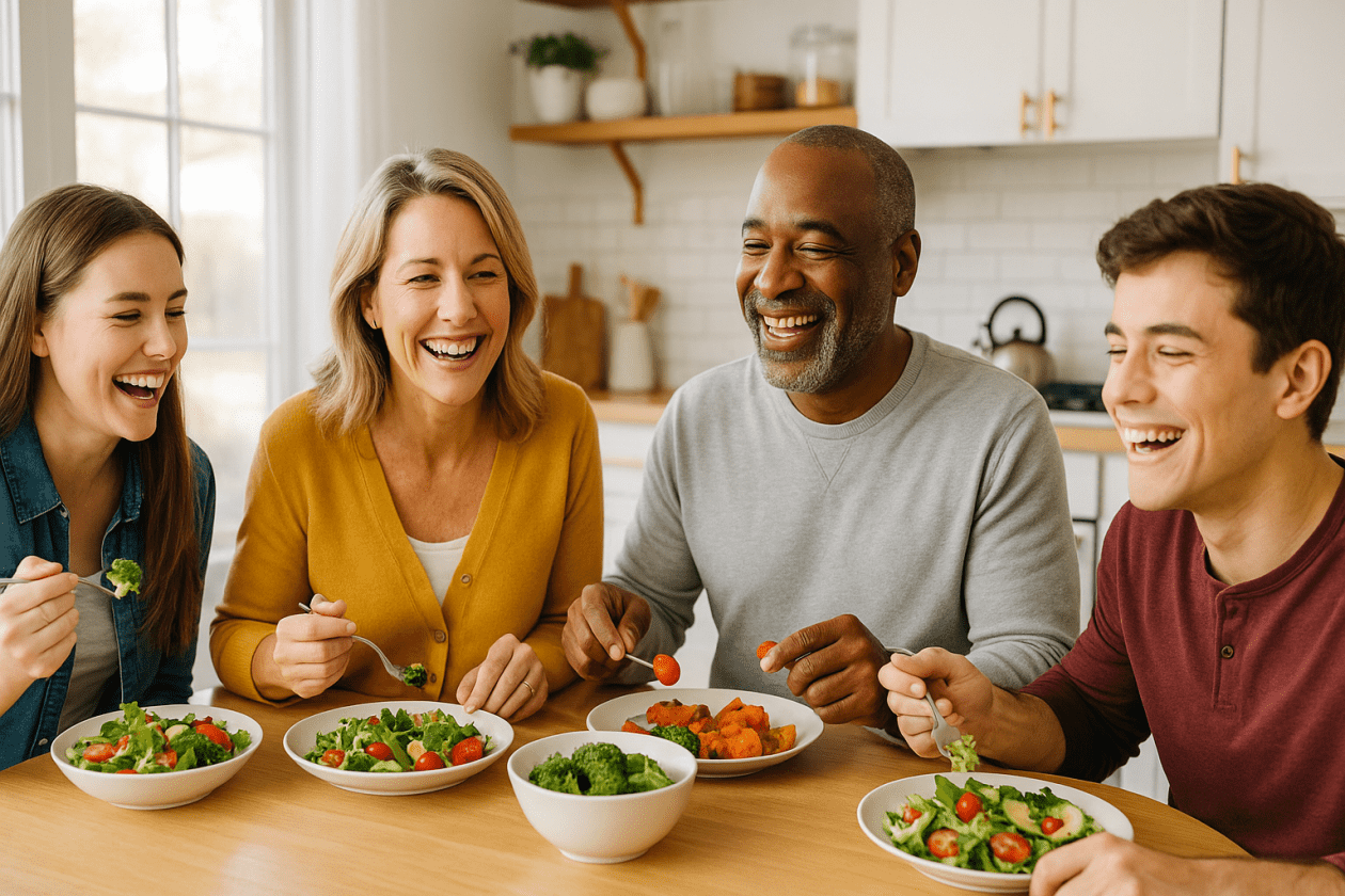 a family eating food on dining table